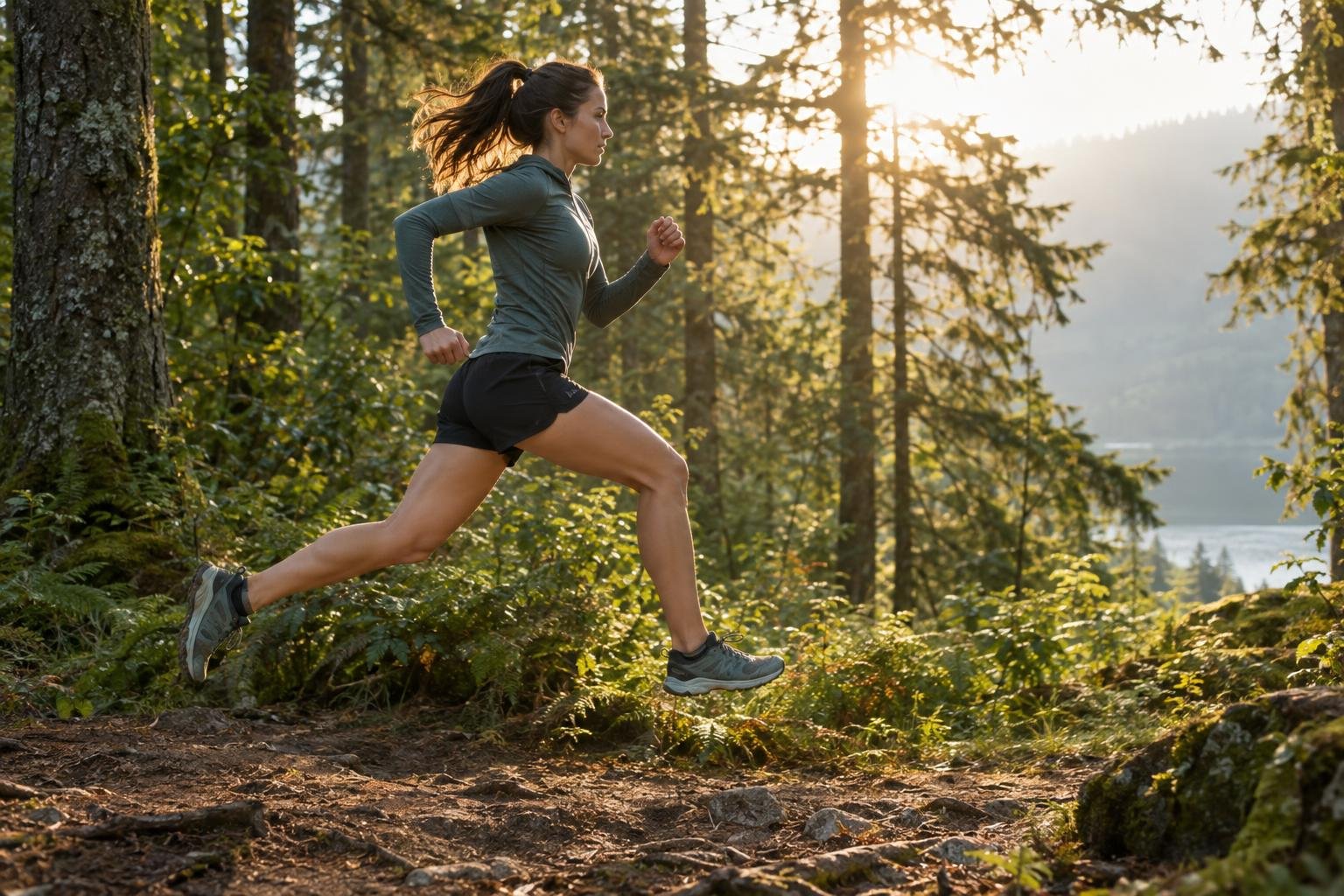 A runner leaping mid-stride on a trail