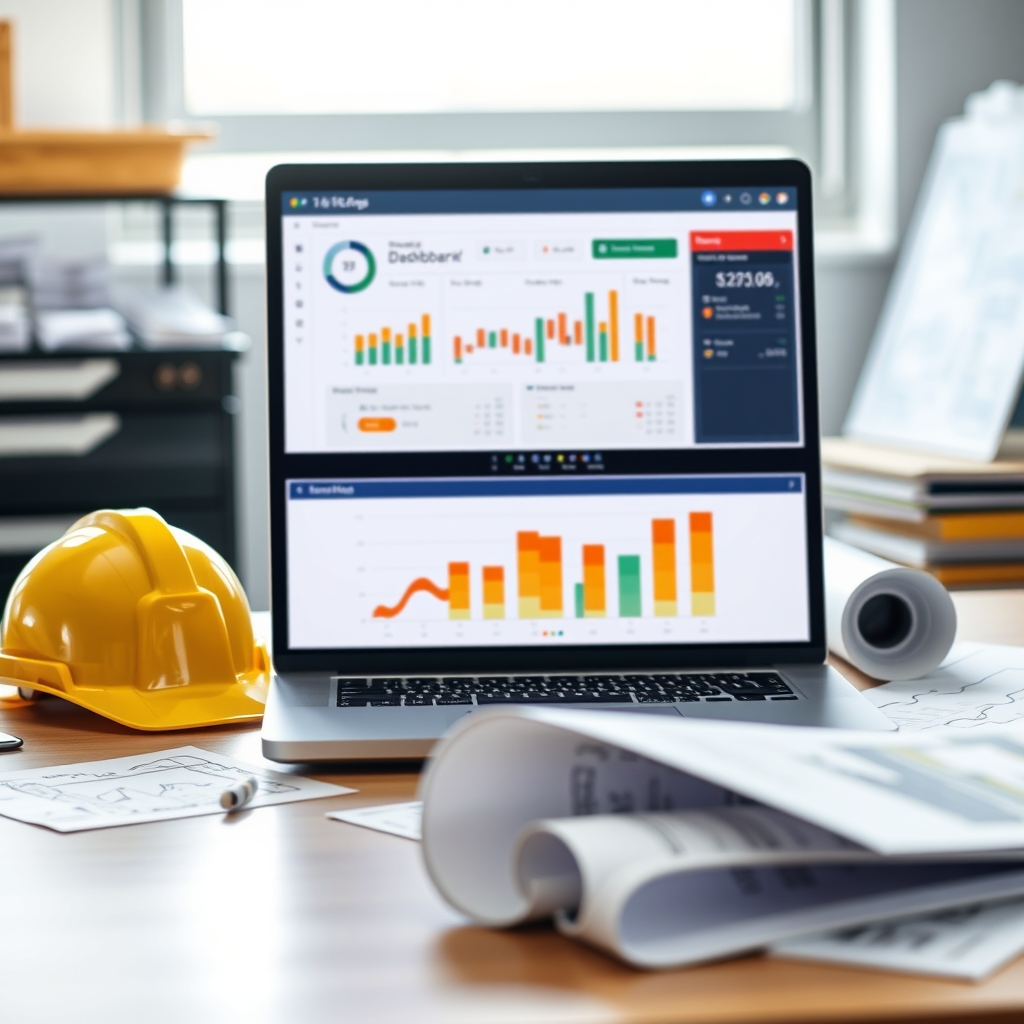 A laptop showing a project dashboard on a construction site office desk