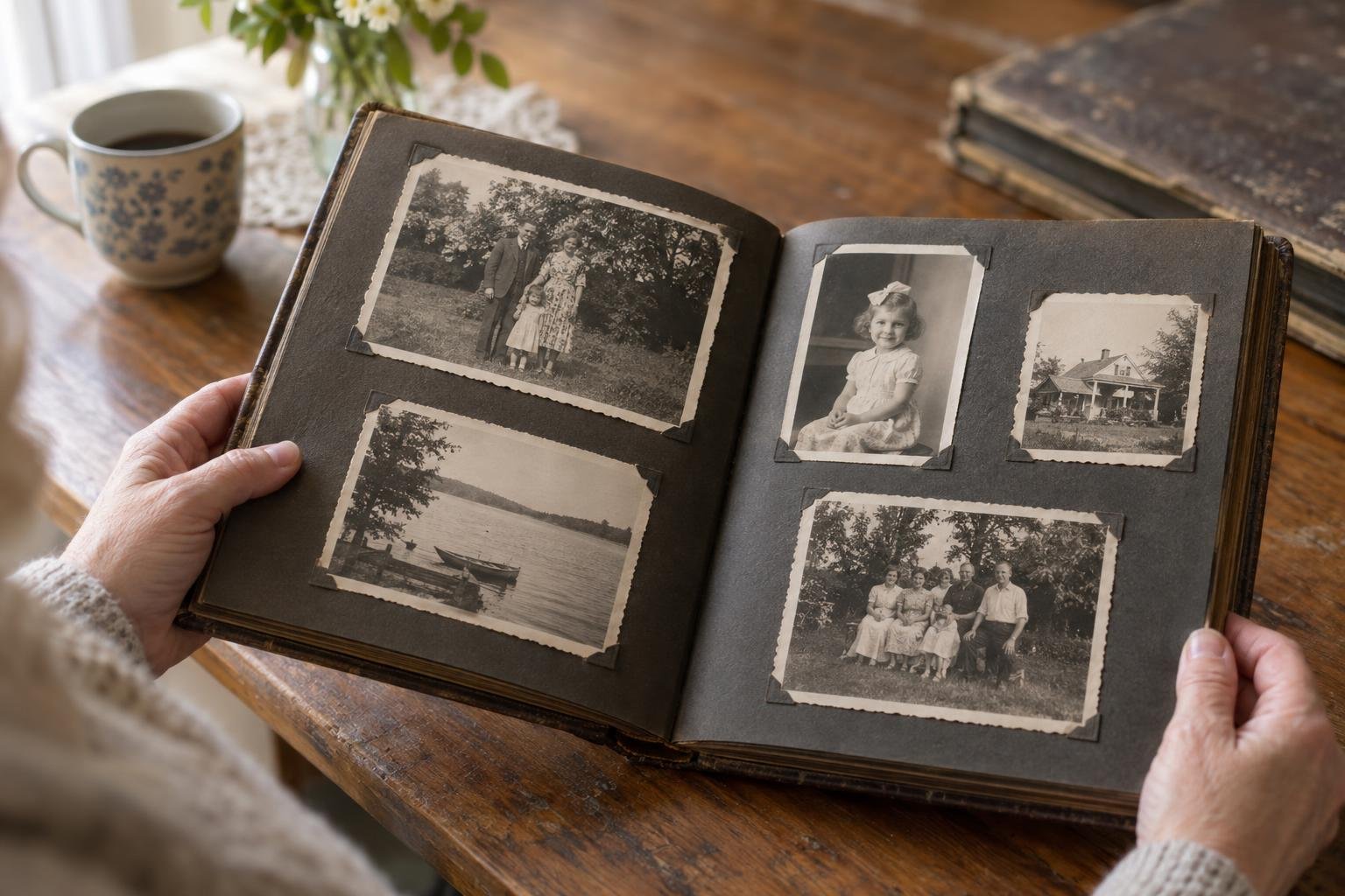 Hands holding an album of old black and white family photos