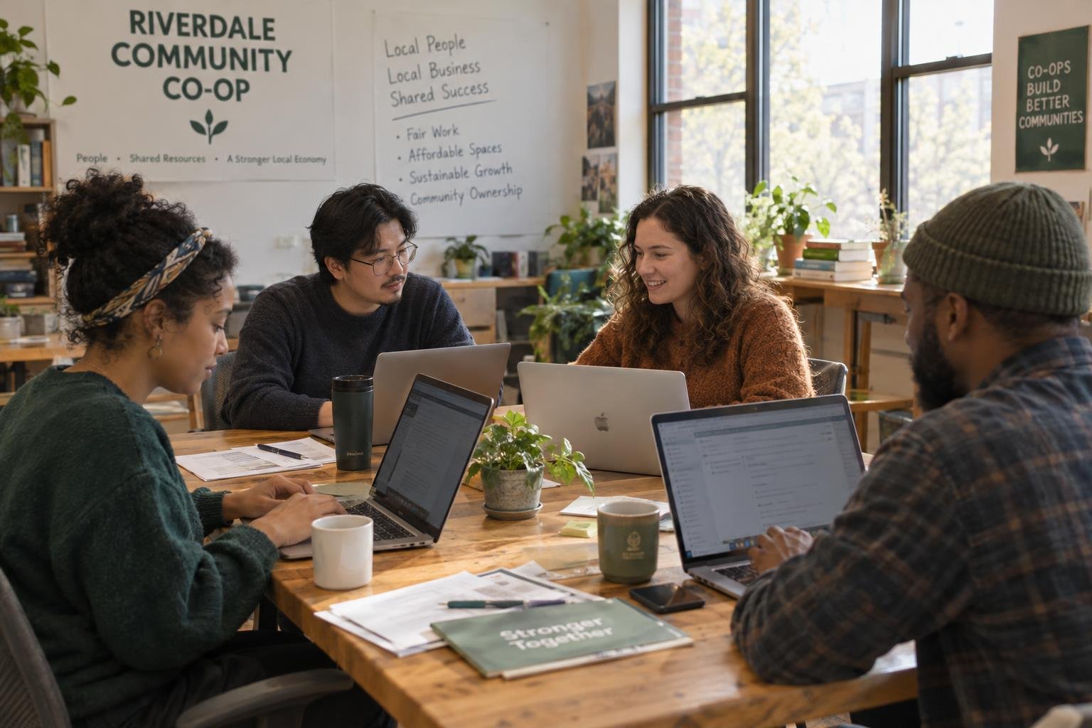 People working together on laptops around a shared table