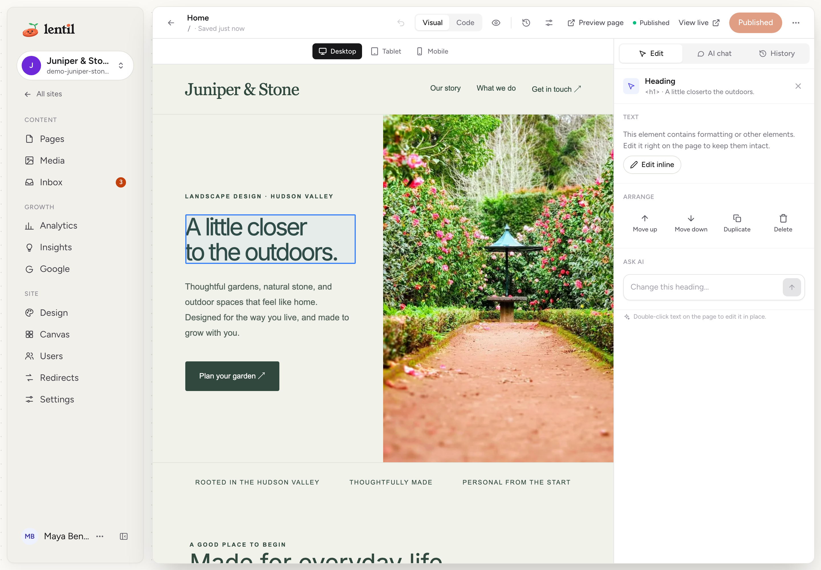 The Lentil visual editor with a demo landscaping site open, the page heading selected and the edit panel showing text, arrange and Ask AI options.