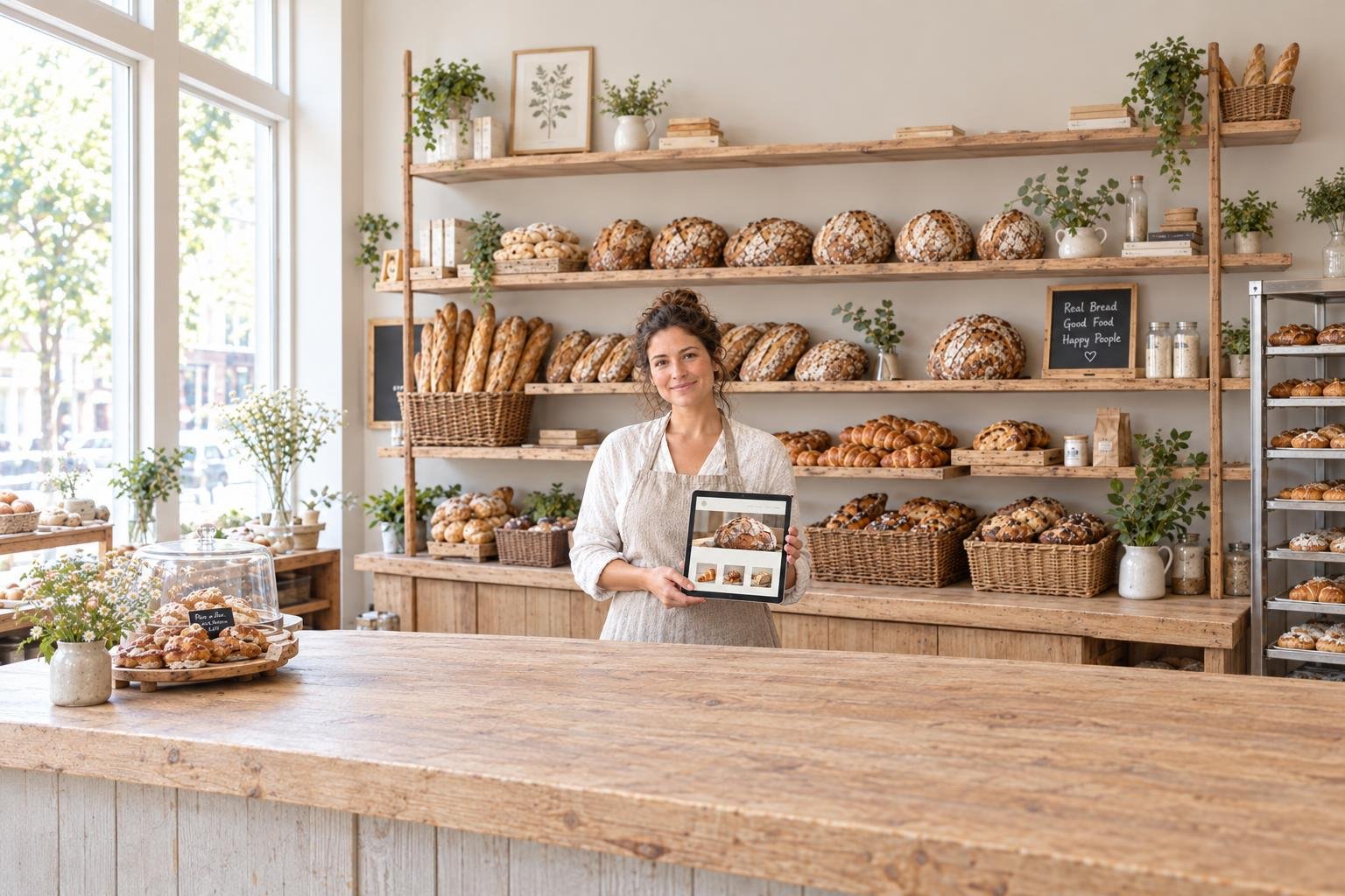 A bakery owner behind her counter holding a tablet showing her shop's website, with bread shelves above her and the bakery on both sides