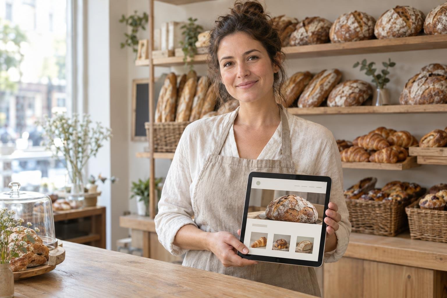 A bakery owner behind her counter holding a tablet showing her shop's website