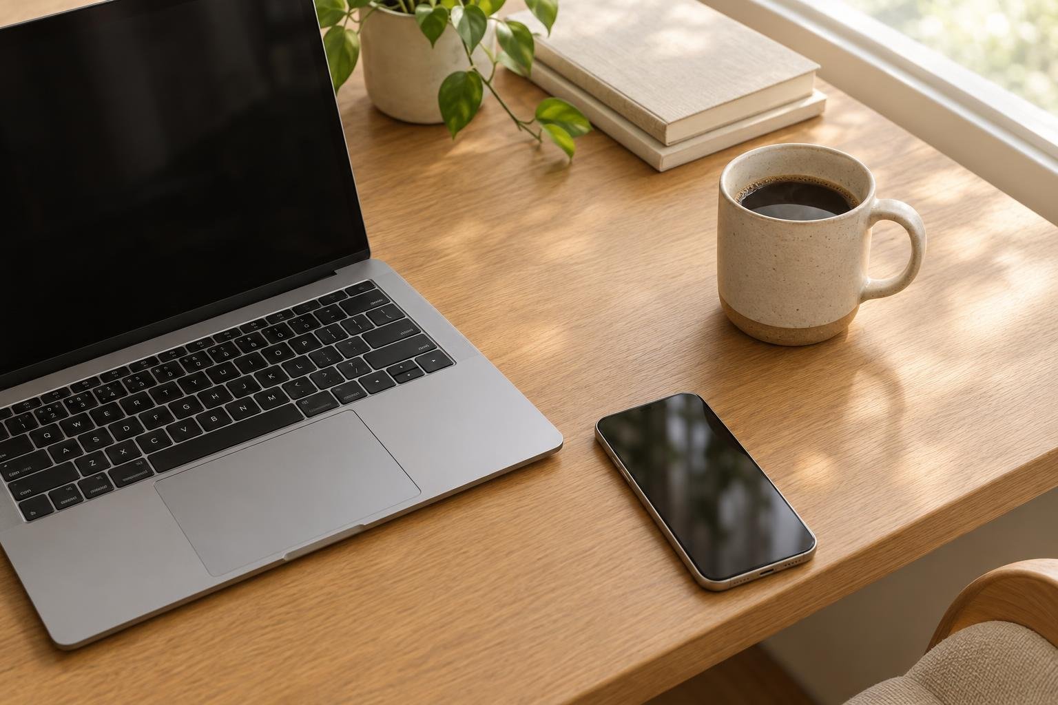 A laptop, phone and coffee mug on a wooden desk